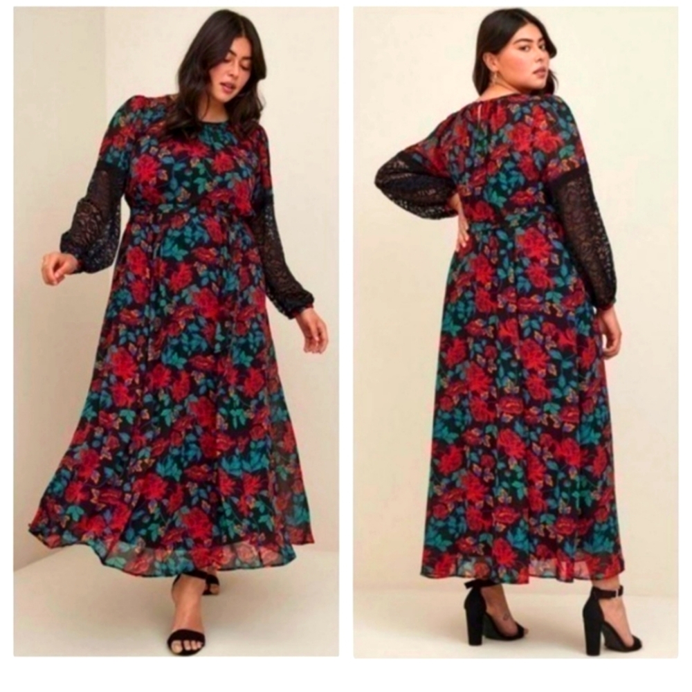 NWT Torrid Maxi Floral Chiffon dress w/ lace sleeves sz 1X